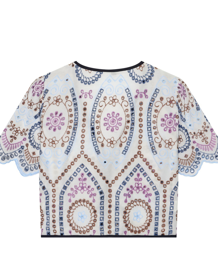 Off-White Multicolor Floral Embroidered Tie-Front Kimono Top