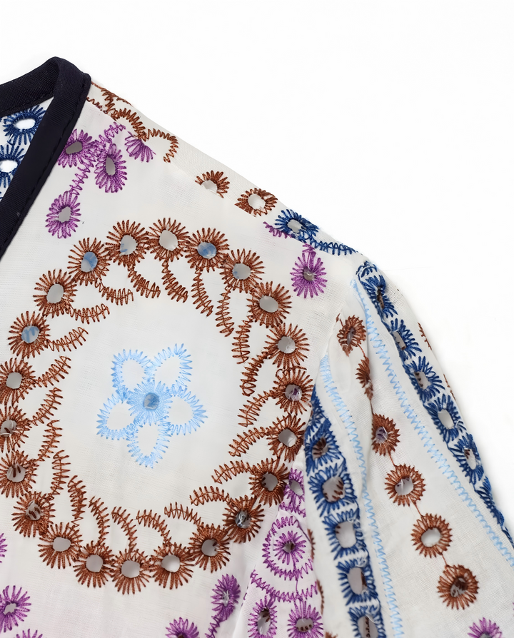 Off-White Multicolor Floral Embroidered Tie-Front Kimono Top