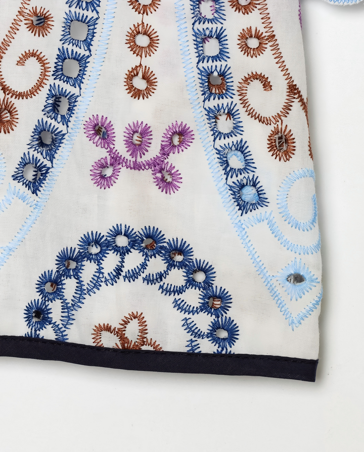 Off-White Multicolor Floral Embroidered Tie-Front Kimono Top