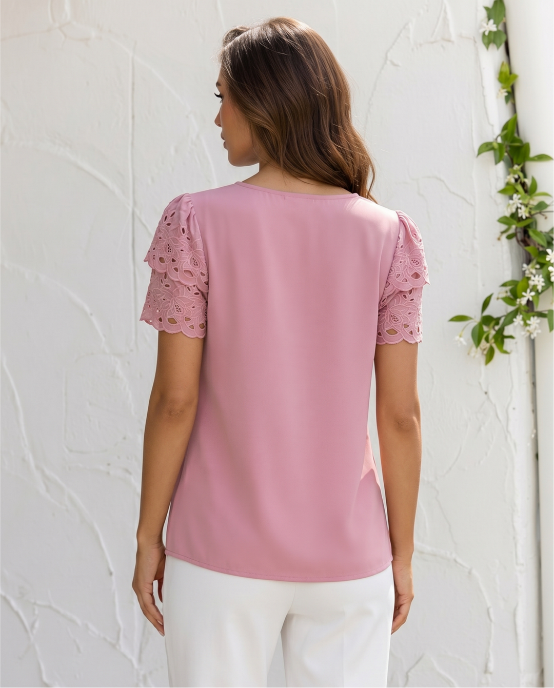 Pink Eyelet Lace Short Sleeve Keyhole Neck Blouse