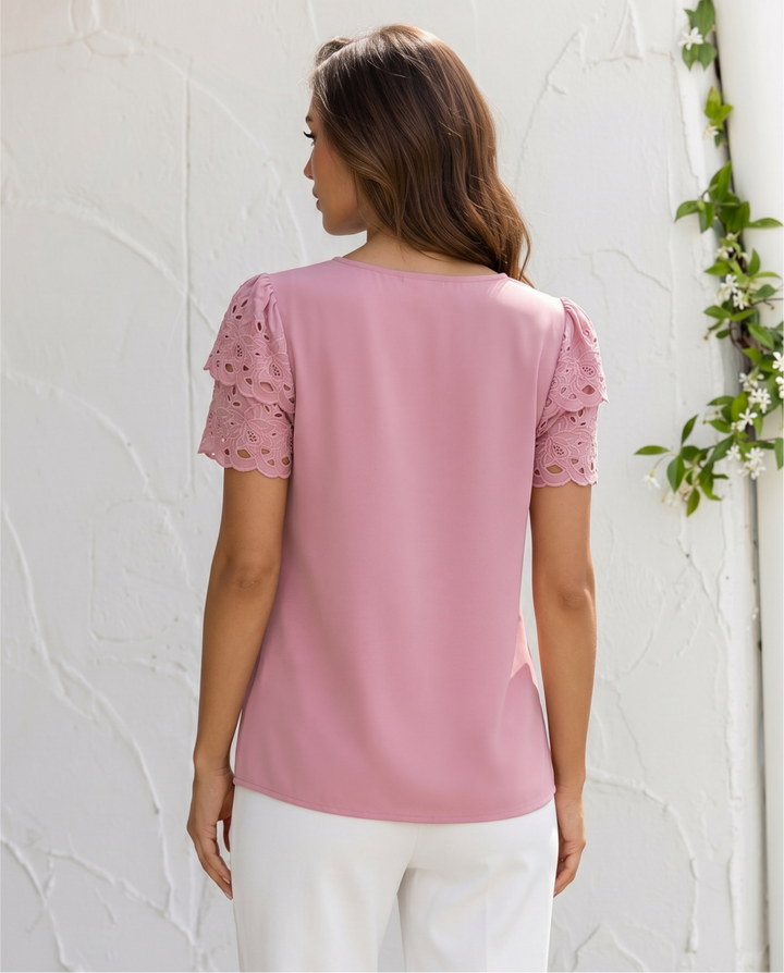 Pink Eyelet Lace Short Sleeve Keyhole Neck Blouse