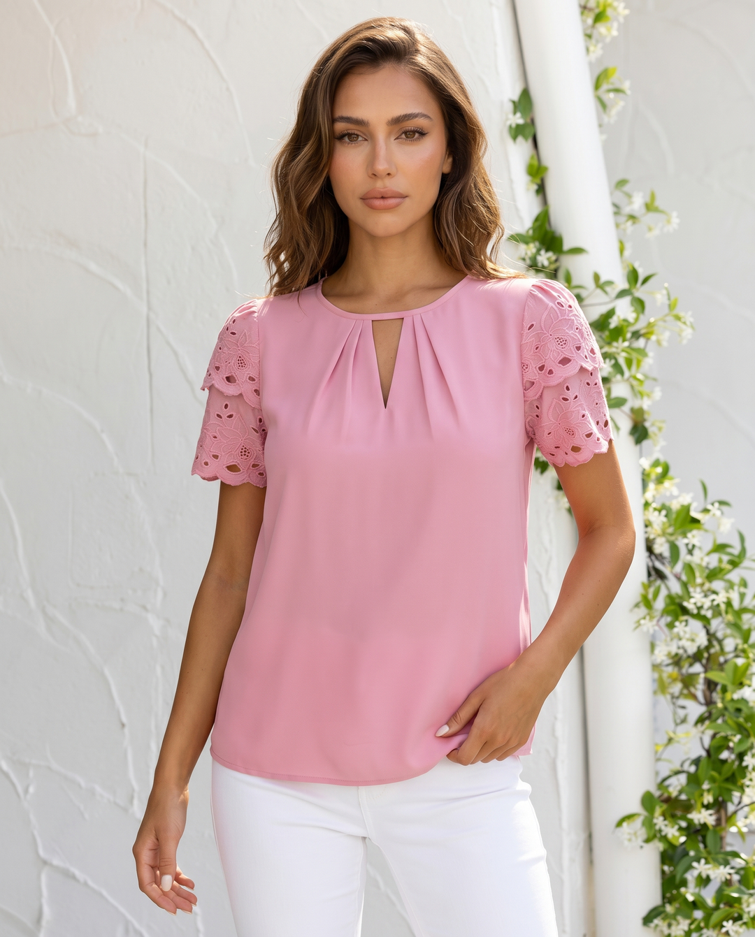 Pink Eyelet Lace Short Sleeve Keyhole Neck Blouse
