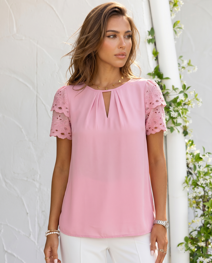 Pink Eyelet Lace Short Sleeve Keyhole Neck Blouse