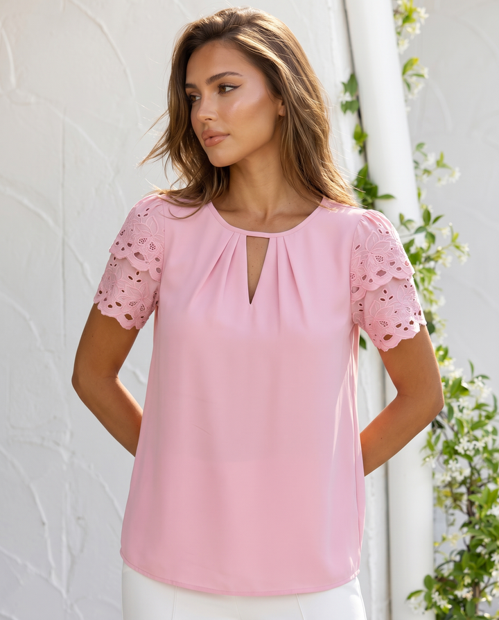 Pink Eyelet Lace Short Sleeve Keyhole Neck Blouse