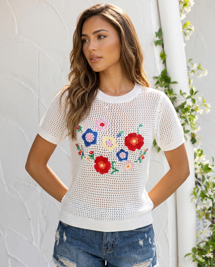 White Knit Floral Embroidery Short Sleeve Blouse Top