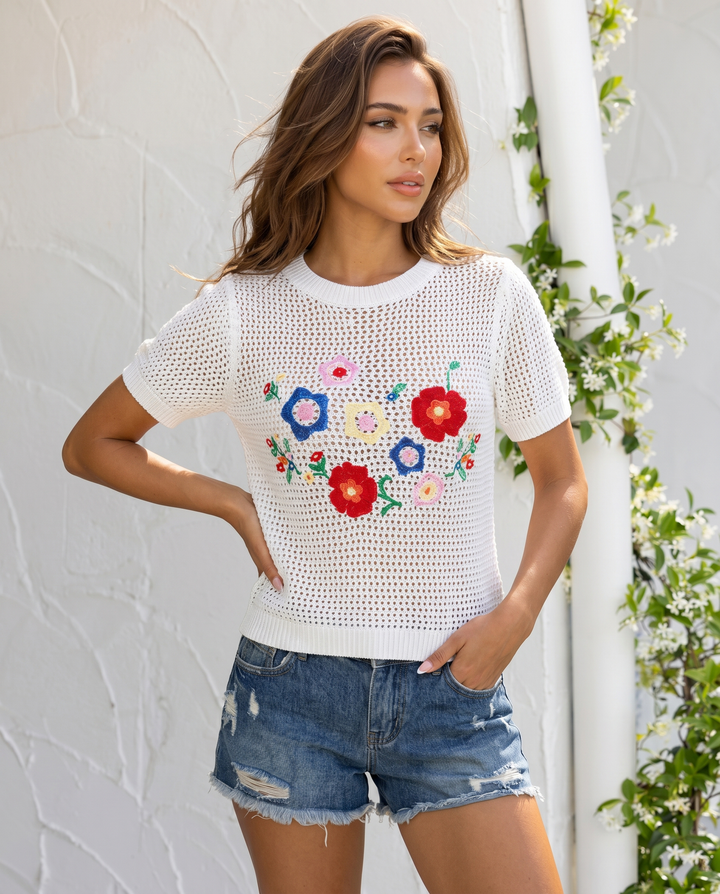 White Knit Floral Embroidery Short Sleeve Blouse Top
