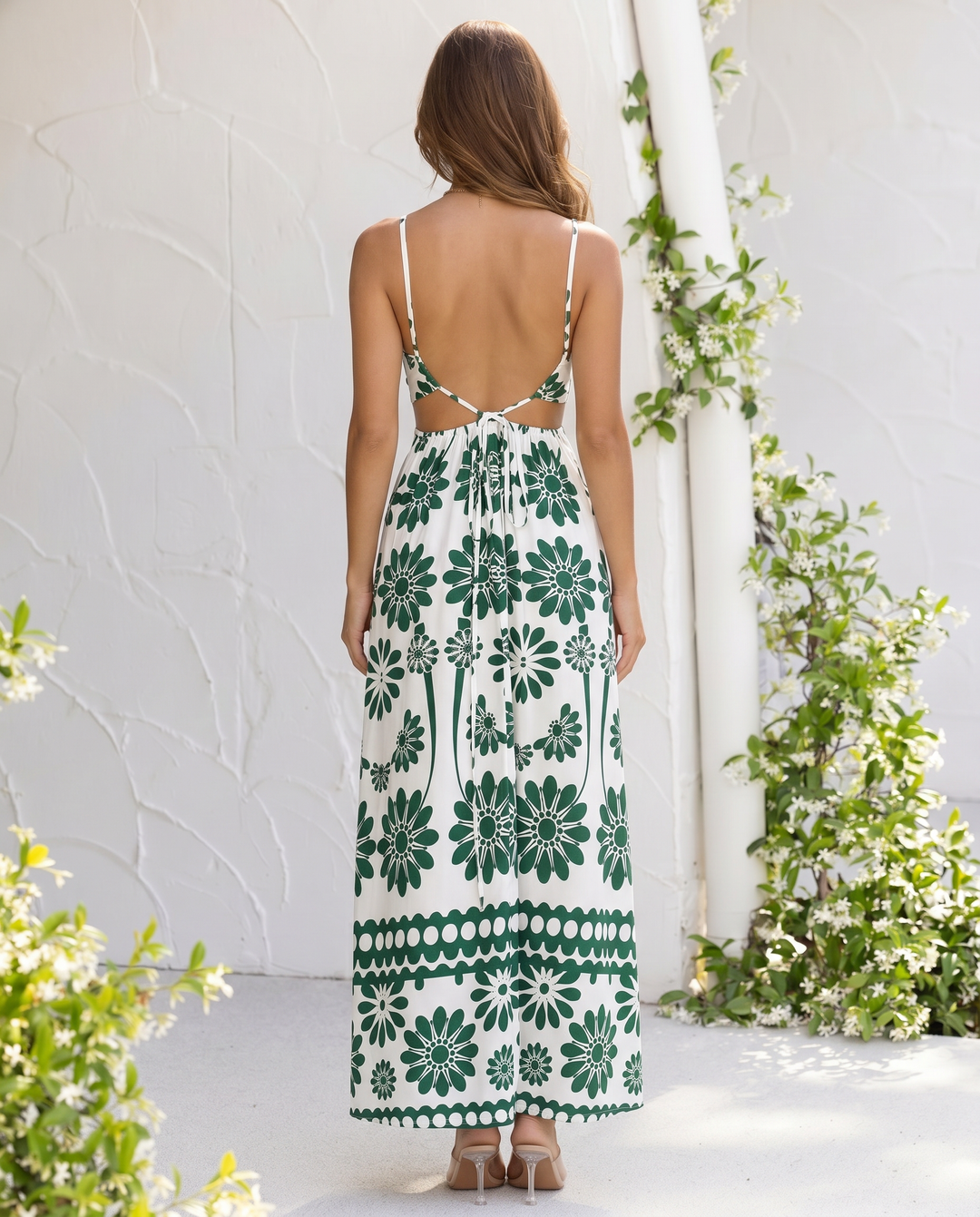 White Green Floral Crisscross Halter Cutout Midi Dress
