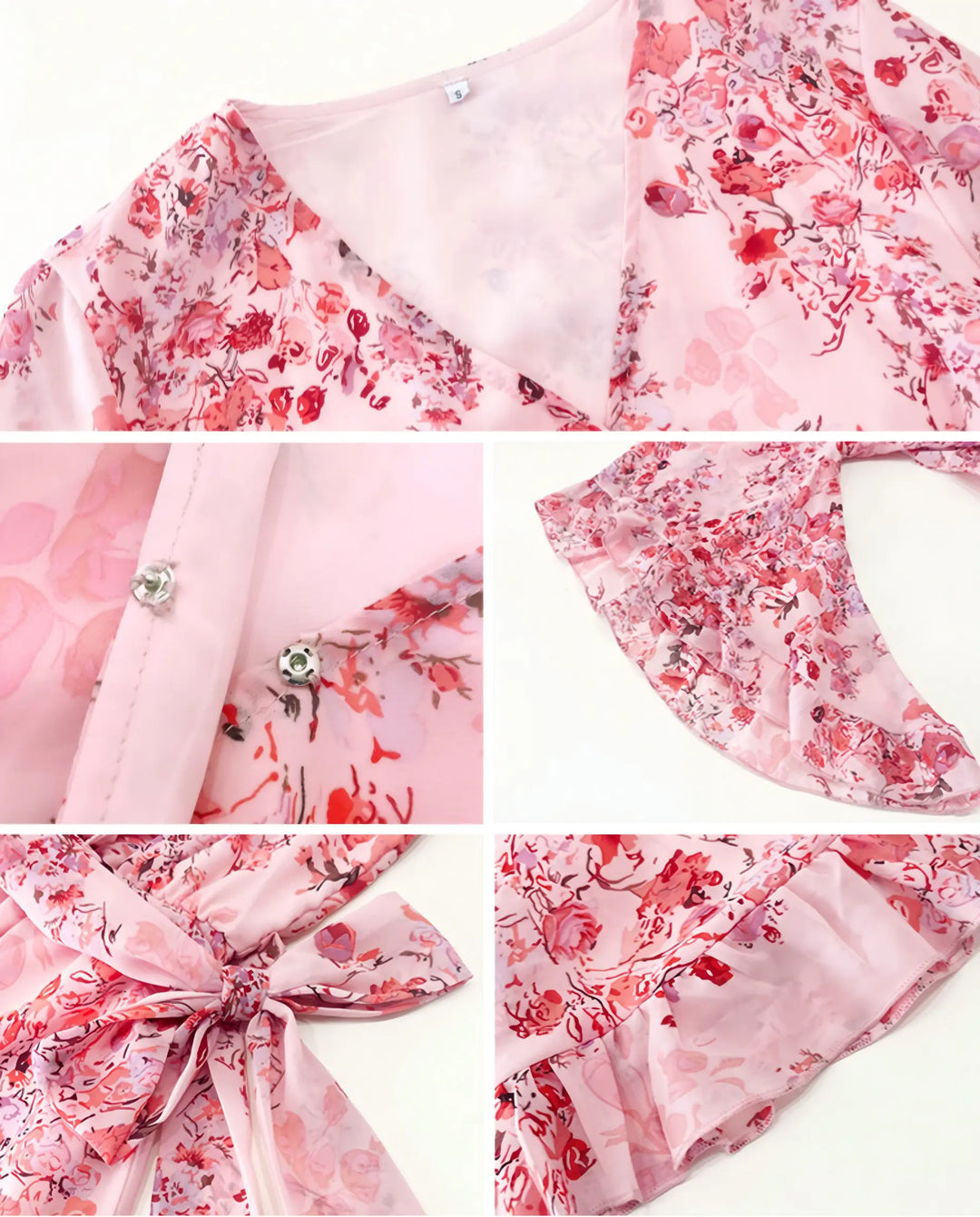 Pink Floral Print Wrap V Neck Ruffle 3/4 Sleeve Mini Dress