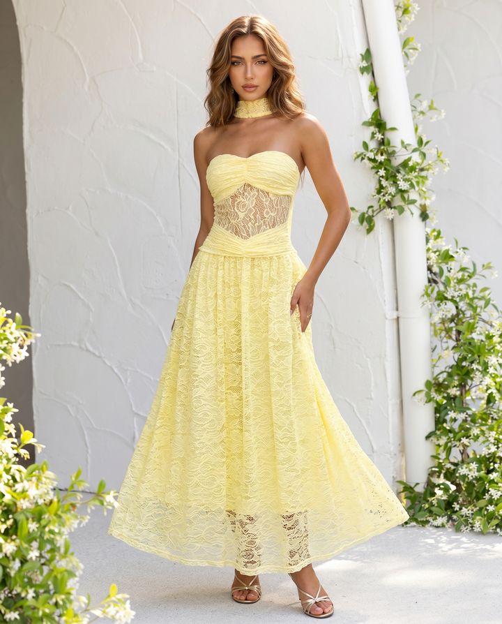 Pale Yellow Sheer Lace Strapless Choker Maxi Dress