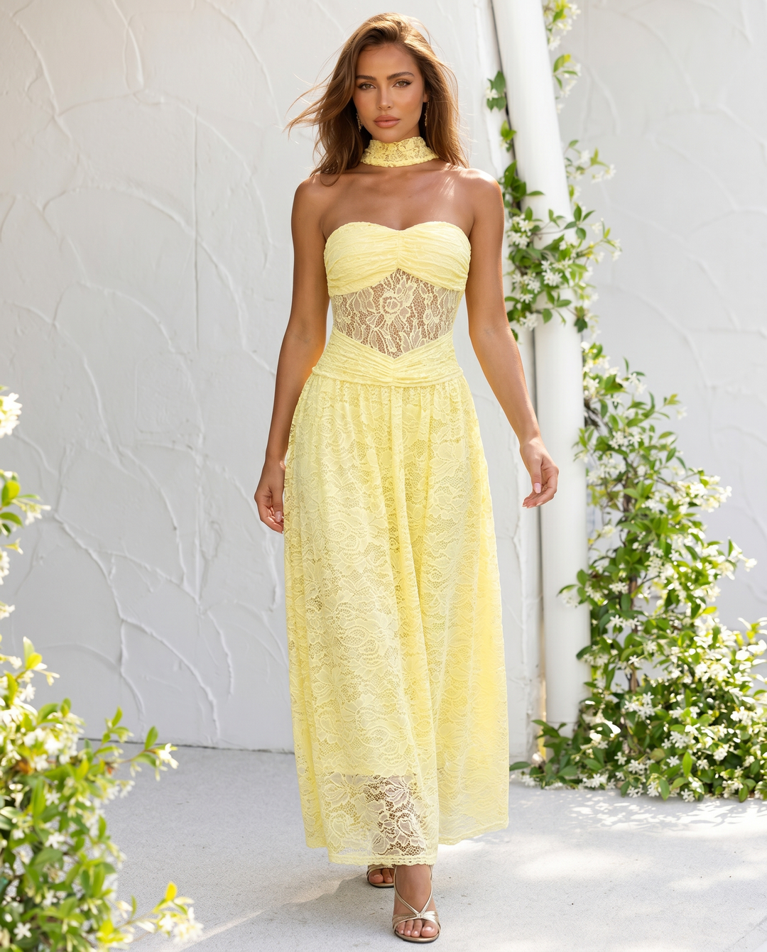 Pale Yellow Sheer Lace Strapless Choker Maxi Dress