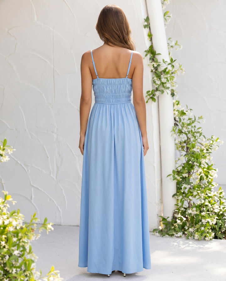 Blue Smocked Waist Spaghetti Strap Midi Dress