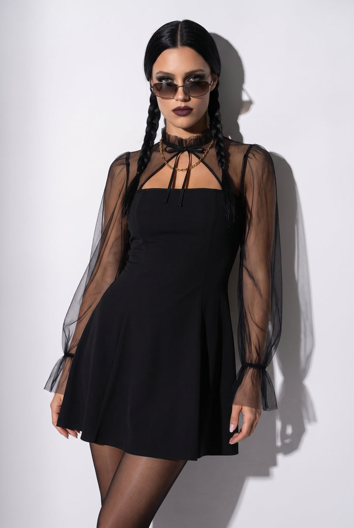 SOLACEBlack Long Sleeve Mock Neck Tie Cutout Flared Skater Mini Dress