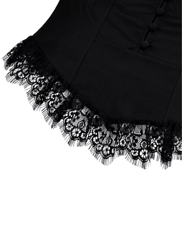 Black Lace Trim Front Button Satin Spaghetti Strap Corset Crop Top