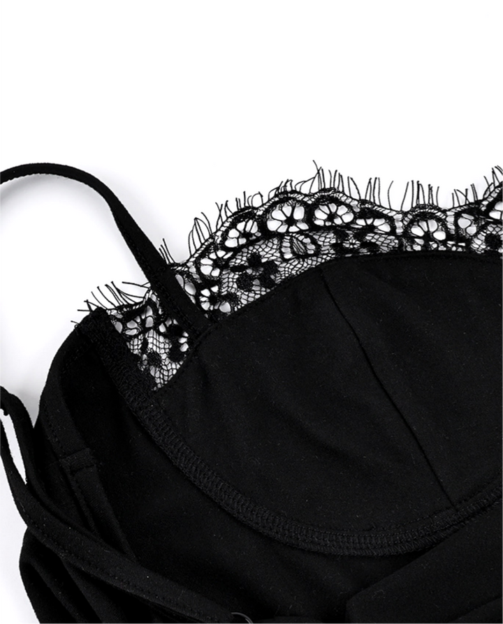 Black Lace Trim Front Button Satin Spaghetti Strap Corset Crop Top