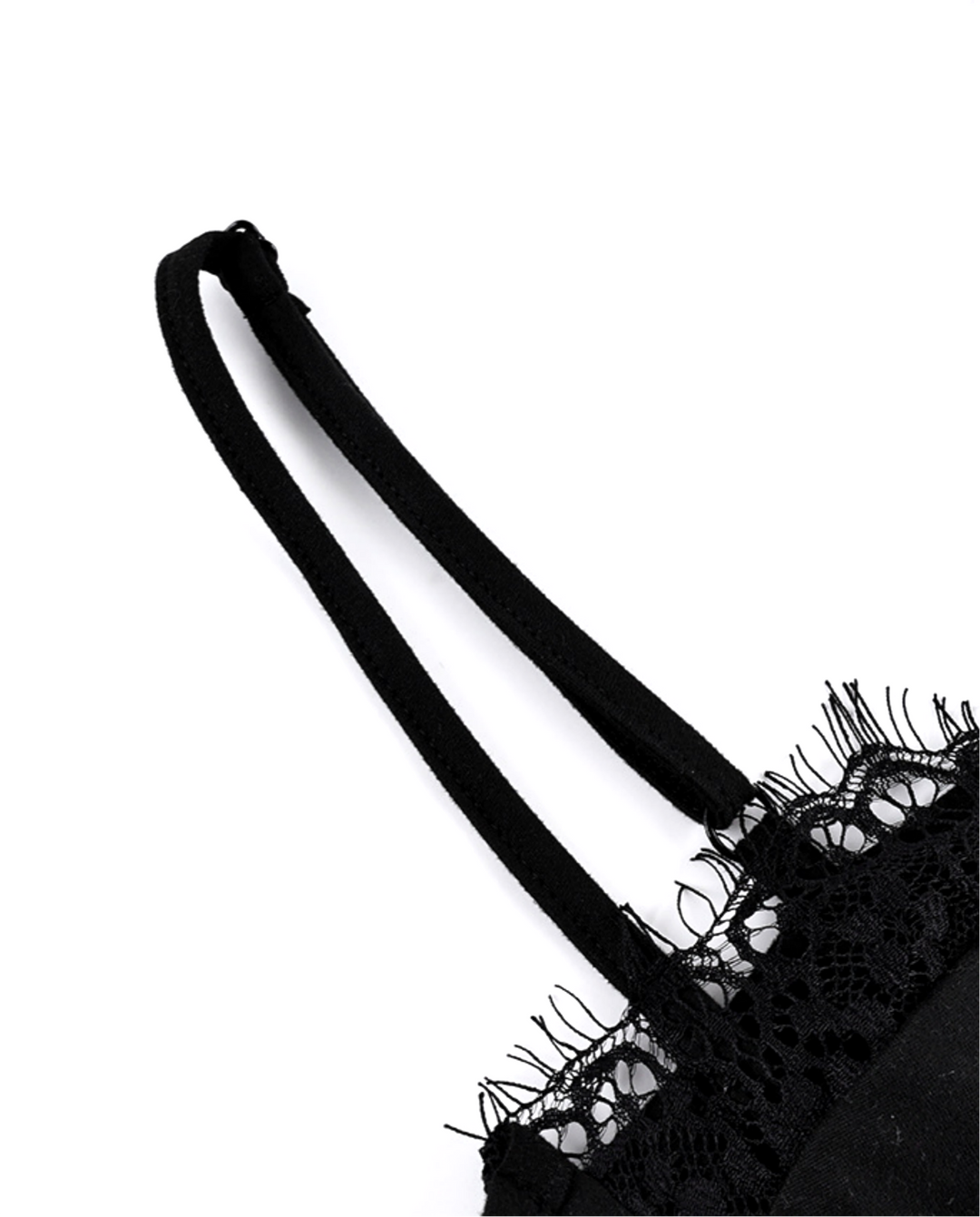 Black Lace Trim Front Button Satin Spaghetti Strap Corset Crop Top