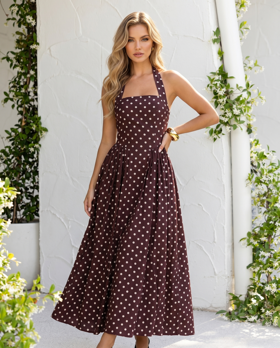 SOLACE  Black Polka Dot Backless Halter Neck A-Line Midi Dress 