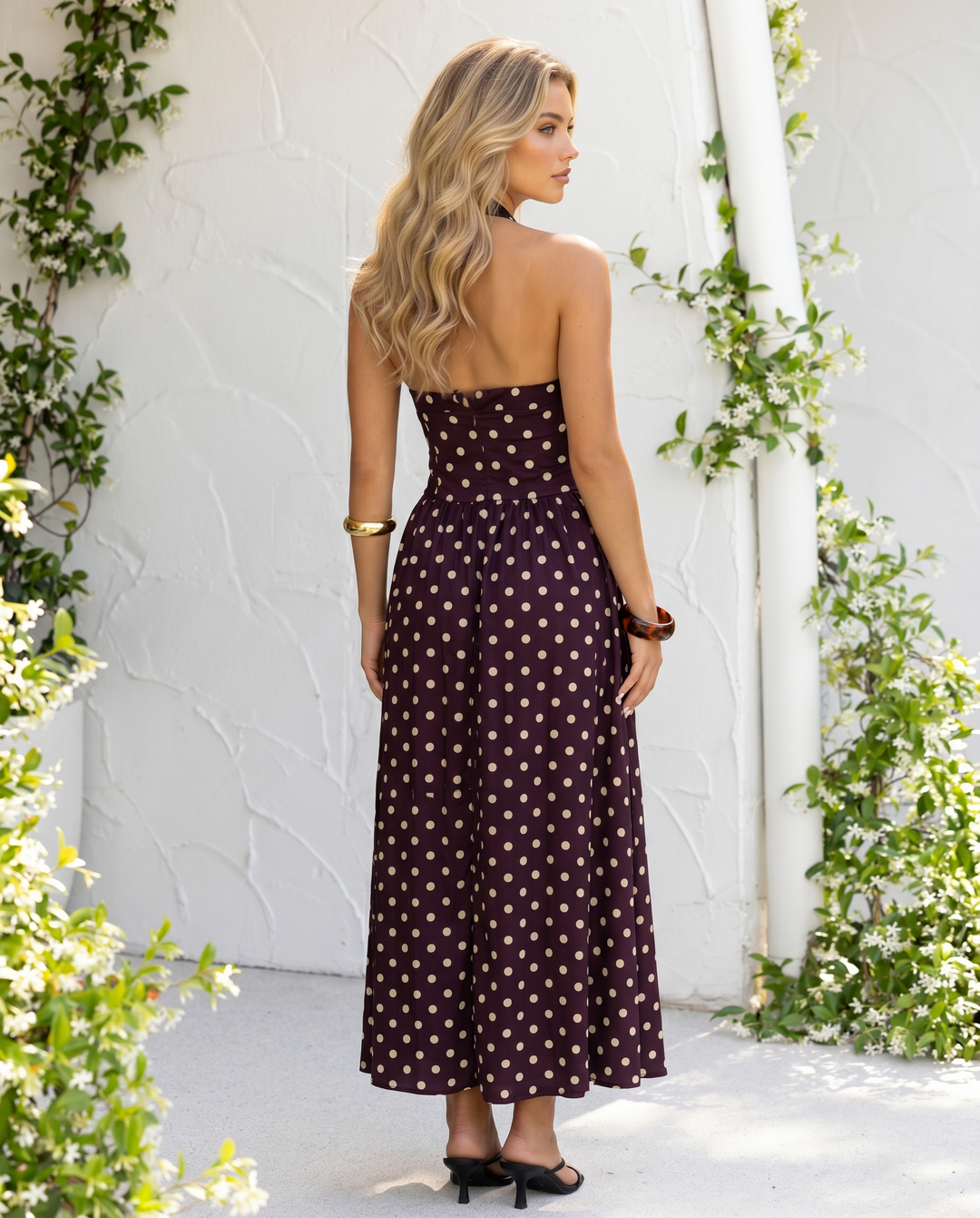SOLACE  Black Polka Dot Backless Halter Neck A-Line Midi Dress 