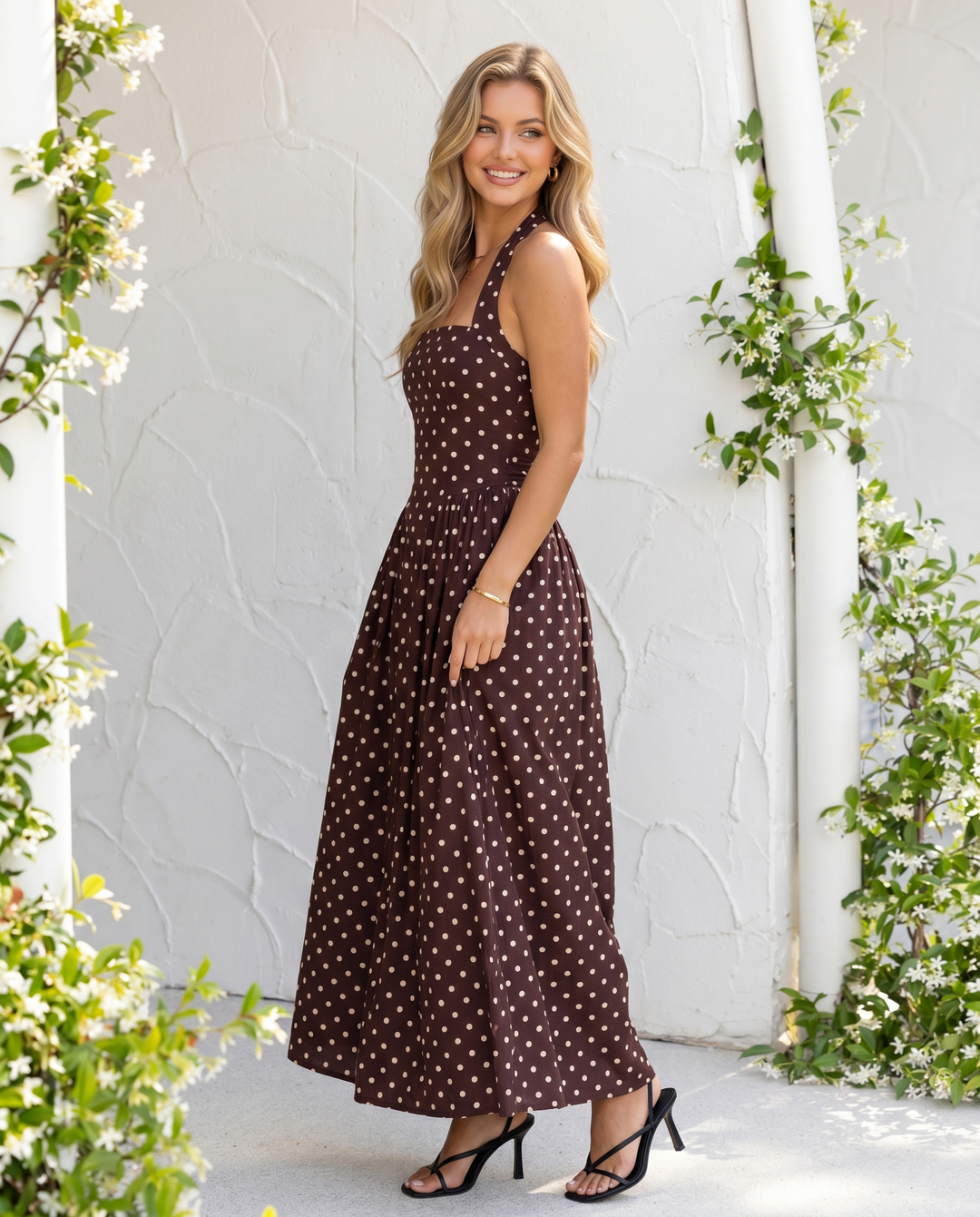 SOLACE  Black Polka Dot Backless Halter Neck A-Line Midi Dress 