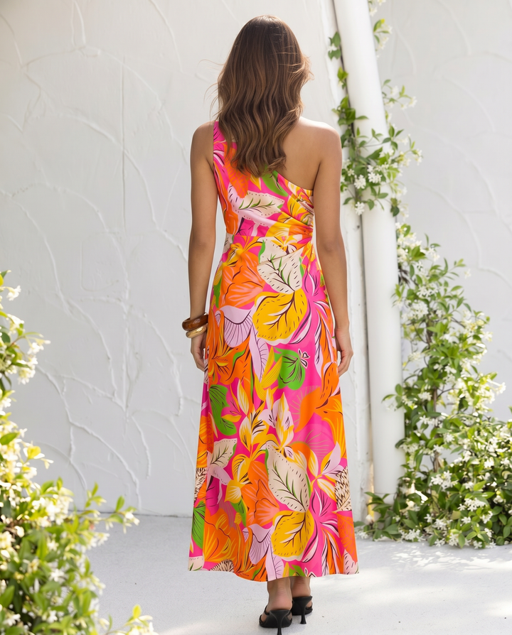 Multicolor Tropical Leaf Print One Shoulder Cutout Midi Dress