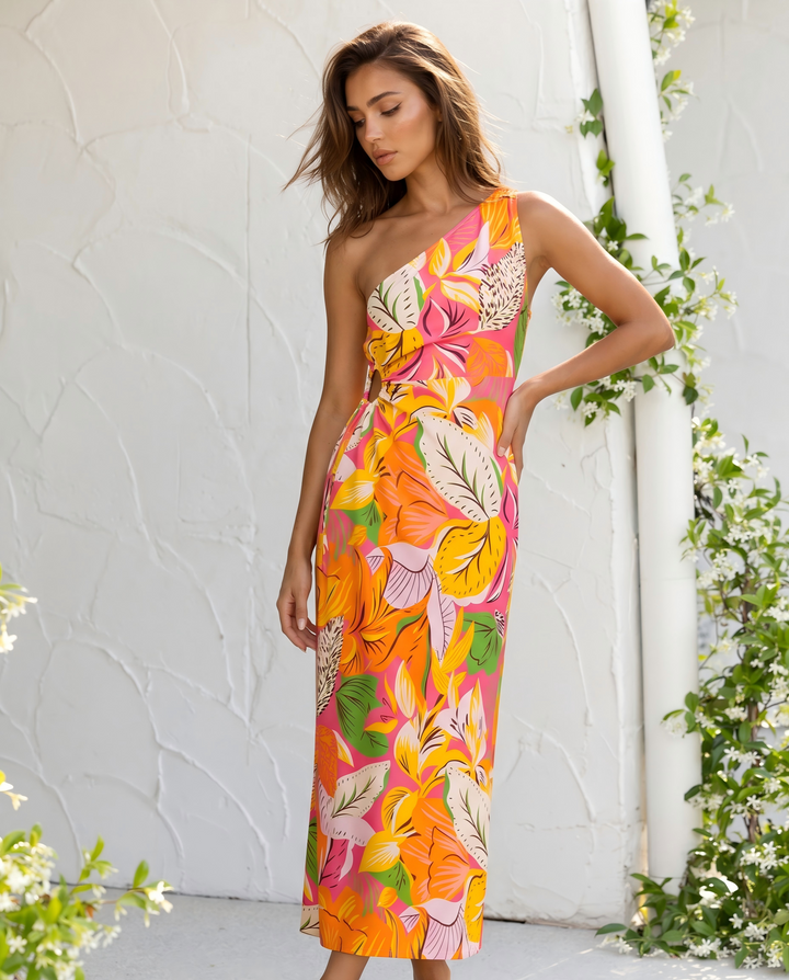 Multicolor Tropical Leaf Print One Shoulder Cutout Midi Dress