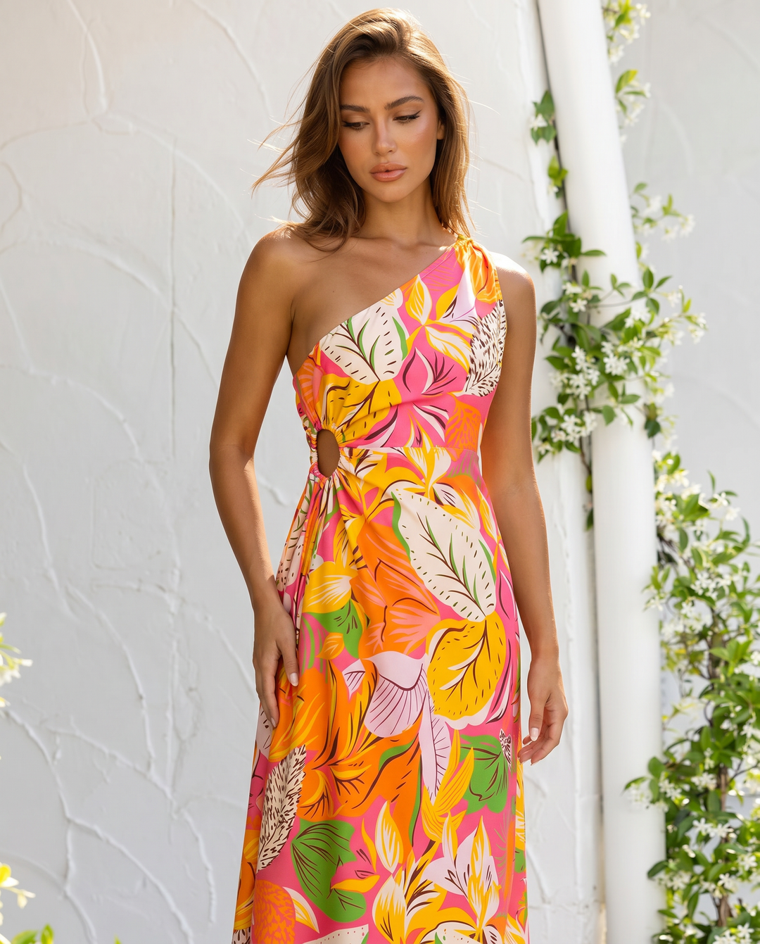 Multicolor Tropical Leaf Print One Shoulder Cutout Midi Dress