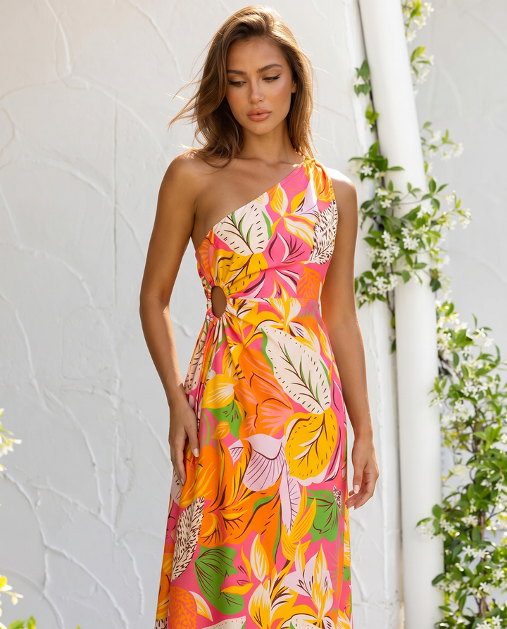 Multicolor Tropical Leaf Print One Shoulder Cutout Midi Dress