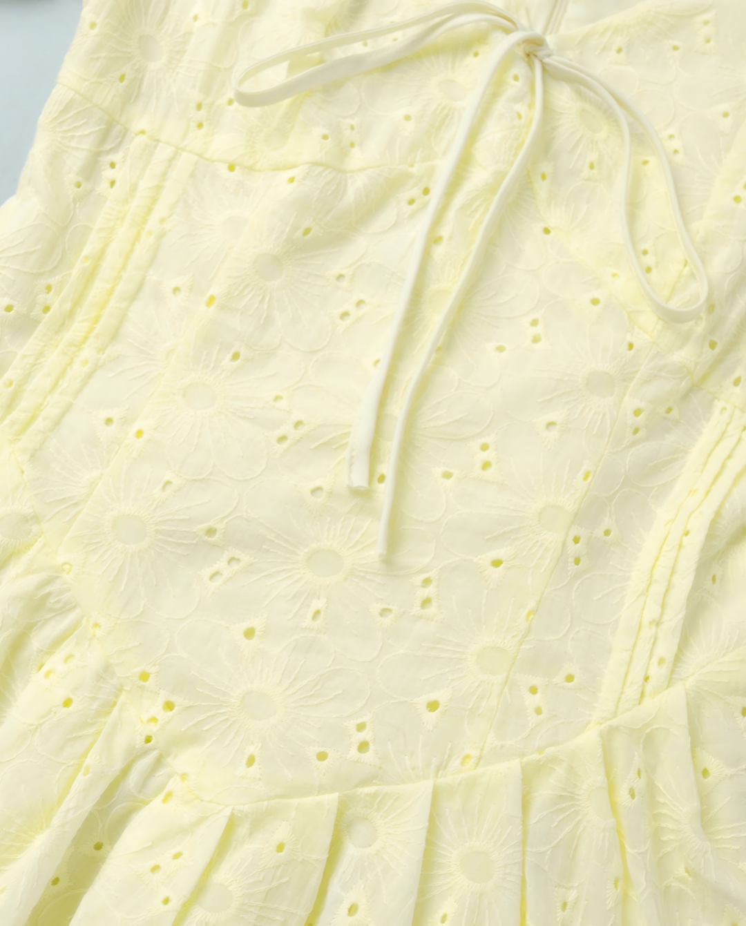 Pale Yellow Eyelet Embroidery Puff Sleeve V Neck Mini Dress