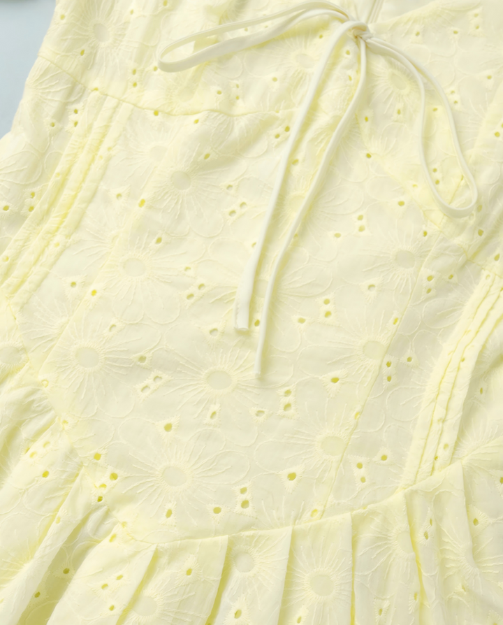 Pale Yellow Eyelet Embroidery Puff Sleeve V Neck Mini Dress