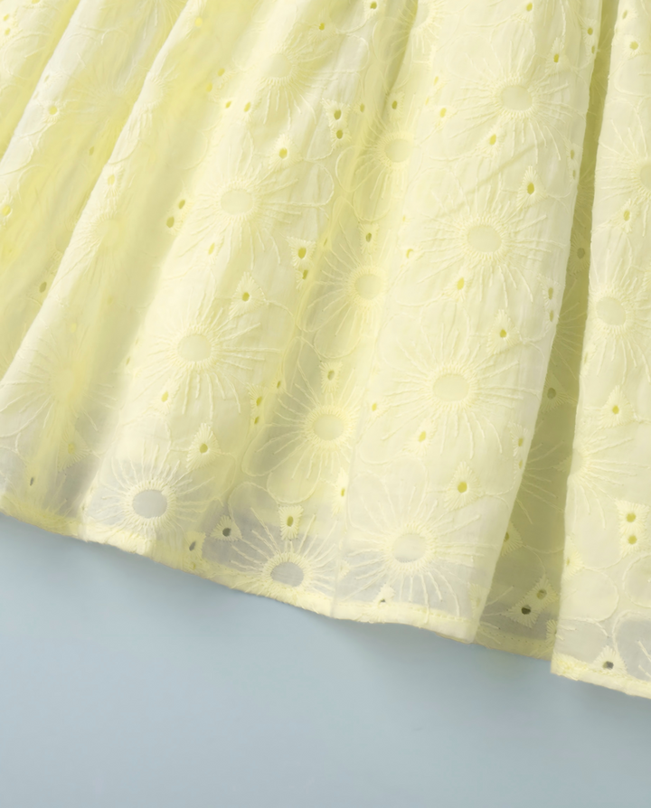 Pale Yellow Eyelet Embroidery Puff Sleeve V Neck Mini Dress