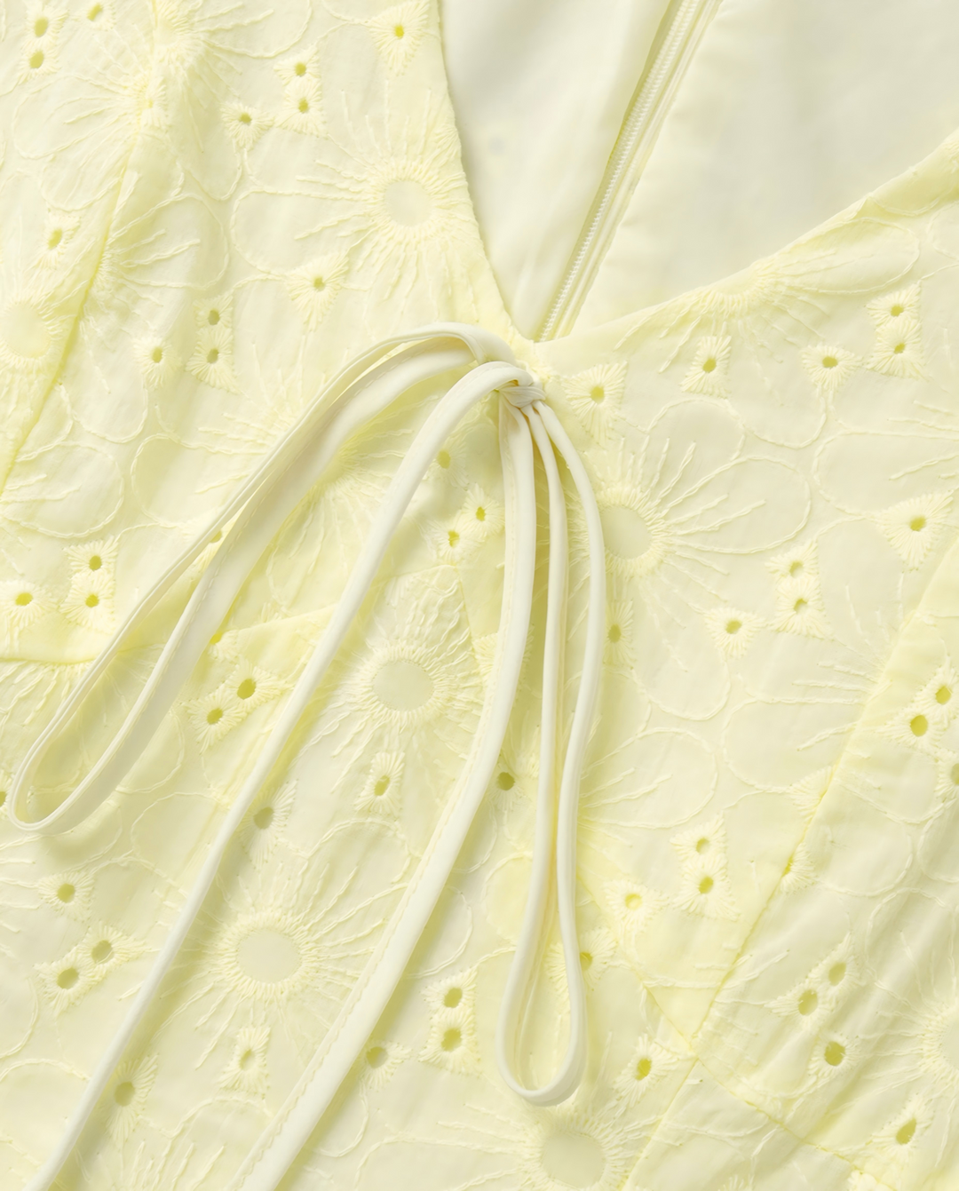 Pale Yellow Eyelet Embroidery Puff Sleeve V Neck Mini Dress