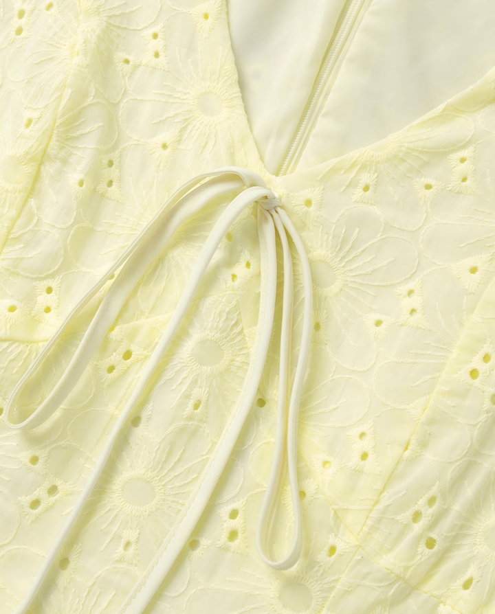 Pale Yellow Eyelet Embroidery Puff Sleeve V Neck Mini Dress