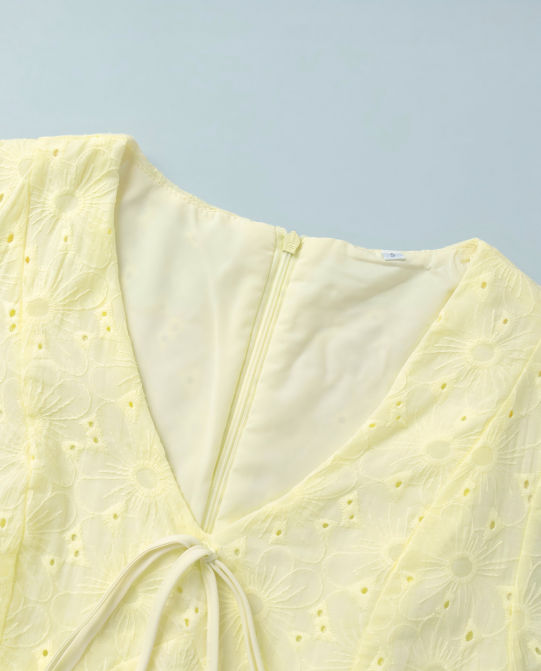 Pale Yellow Eyelet Embroidery Puff Sleeve V Neck Mini Dress