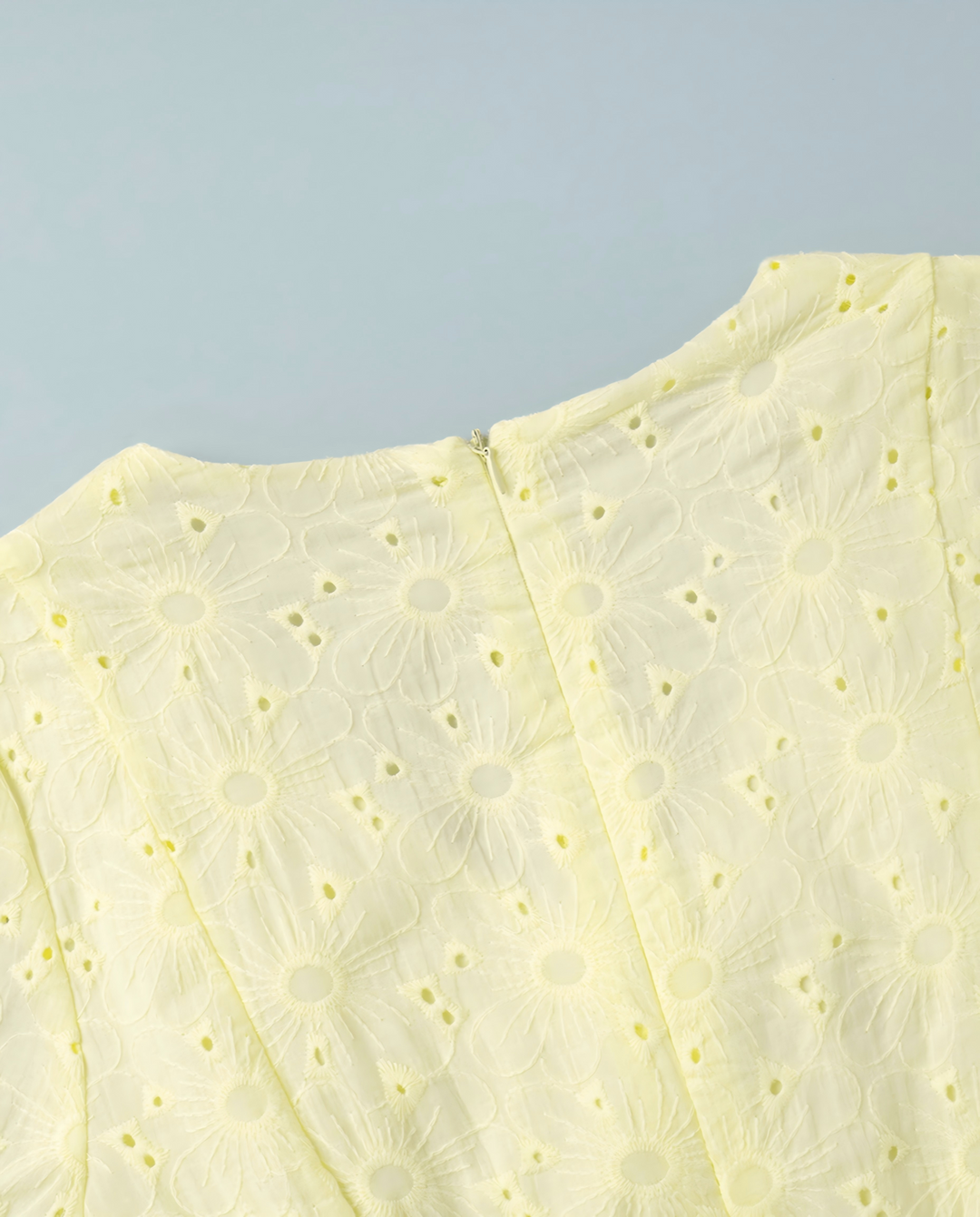 Pale Yellow Eyelet Embroidery Puff Sleeve V Neck Mini Dress