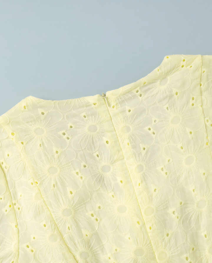 Pale Yellow Eyelet Embroidery Puff Sleeve V Neck Mini Dress