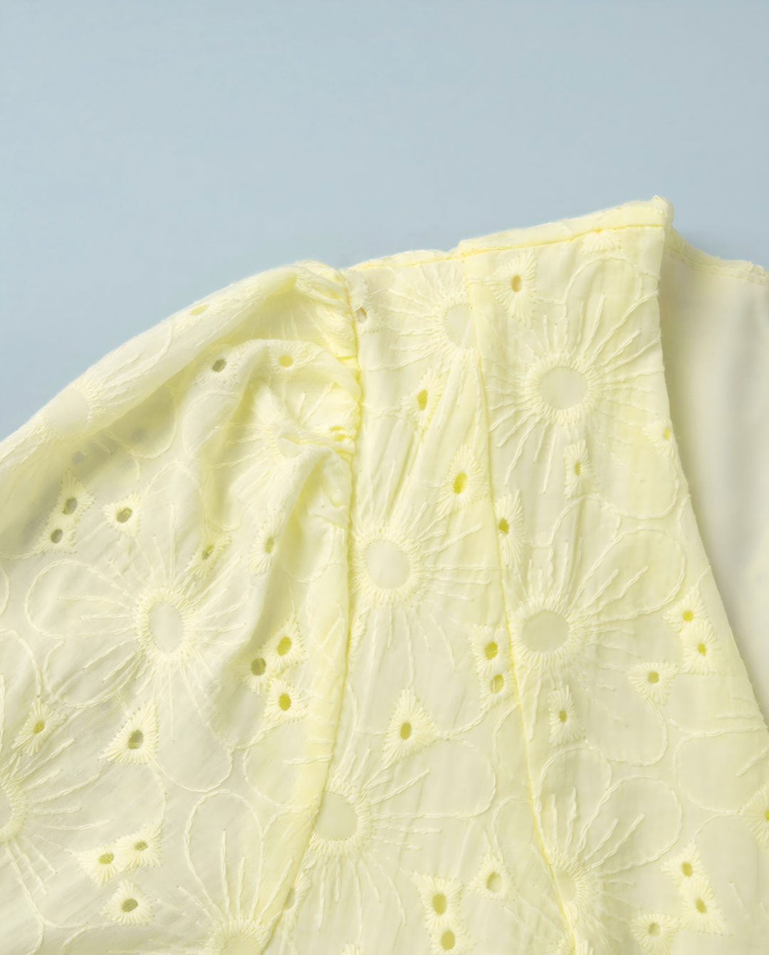 Pale Yellow Eyelet Embroidery Puff Sleeve V Neck Mini Dress