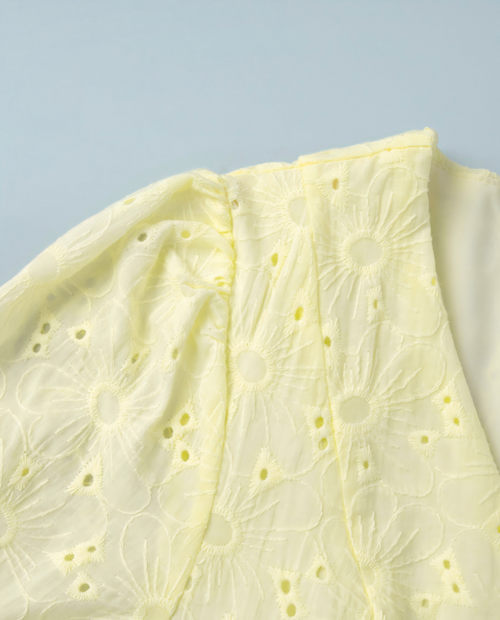 Pale Yellow Eyelet Embroidery Puff Sleeve V Neck Mini Dress