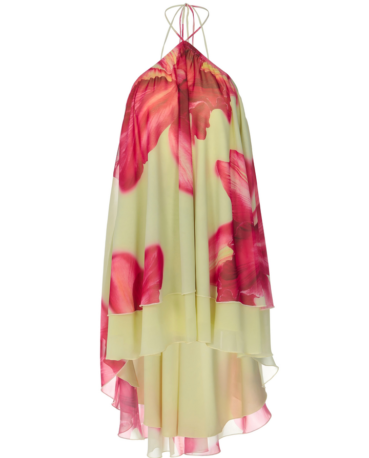 Yellow Floral Print Halter Layered Mini Dress
