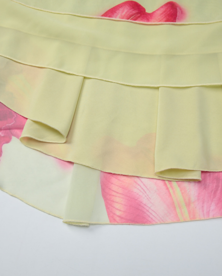 Yellow Floral Print Halter Layered Mini Dress