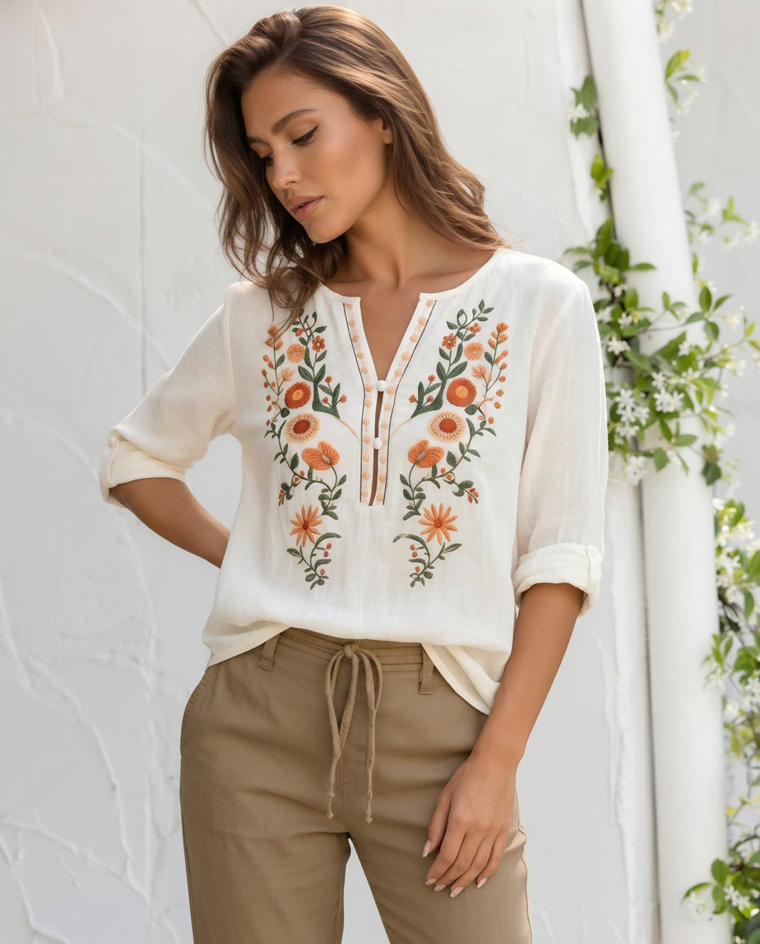 Off White Boho Floral Embroidered 3/4 Sleeve Blouse