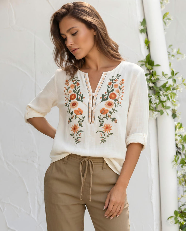 Off White Boho Floral Embroidered 3/4 Sleeve Blouse
