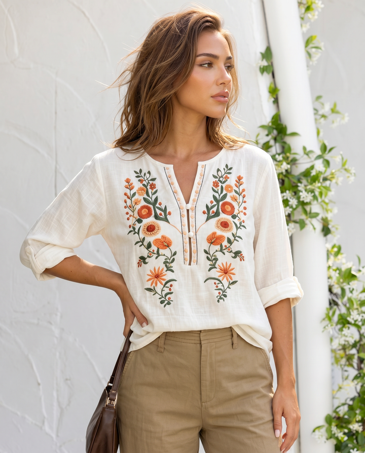 Off White Boho Floral Embroidered 3/4 Sleeve Blouse