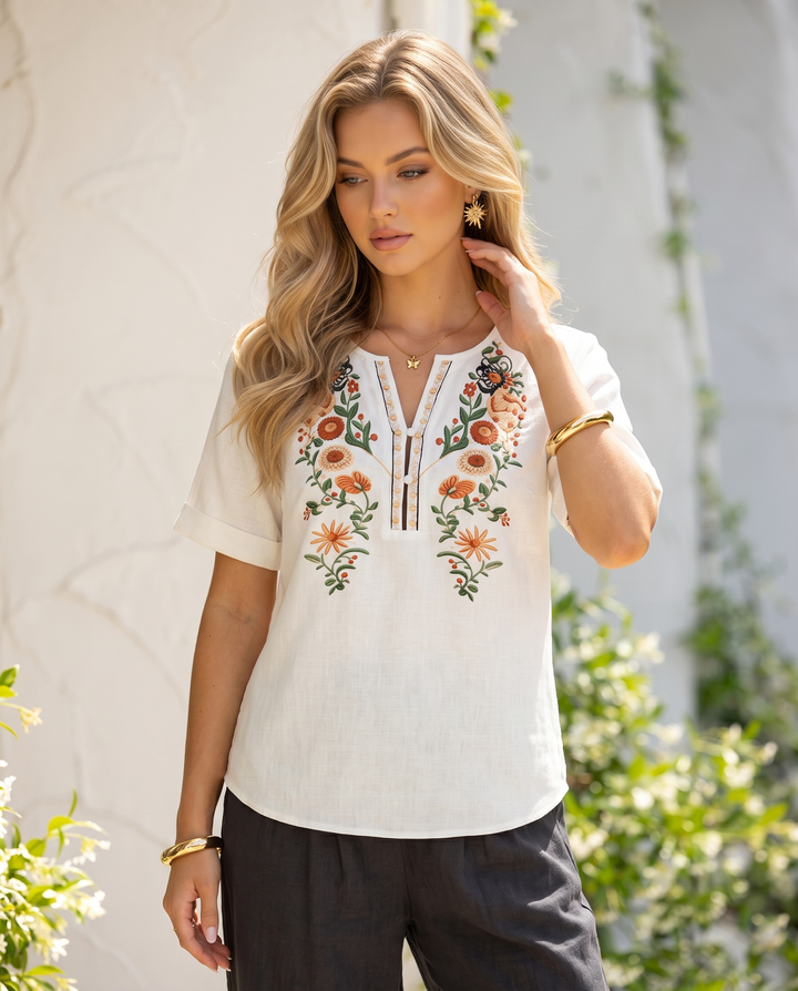 SOLACE  Off White Boho Floral Embroidered 3/4 Sleeve Blouse 