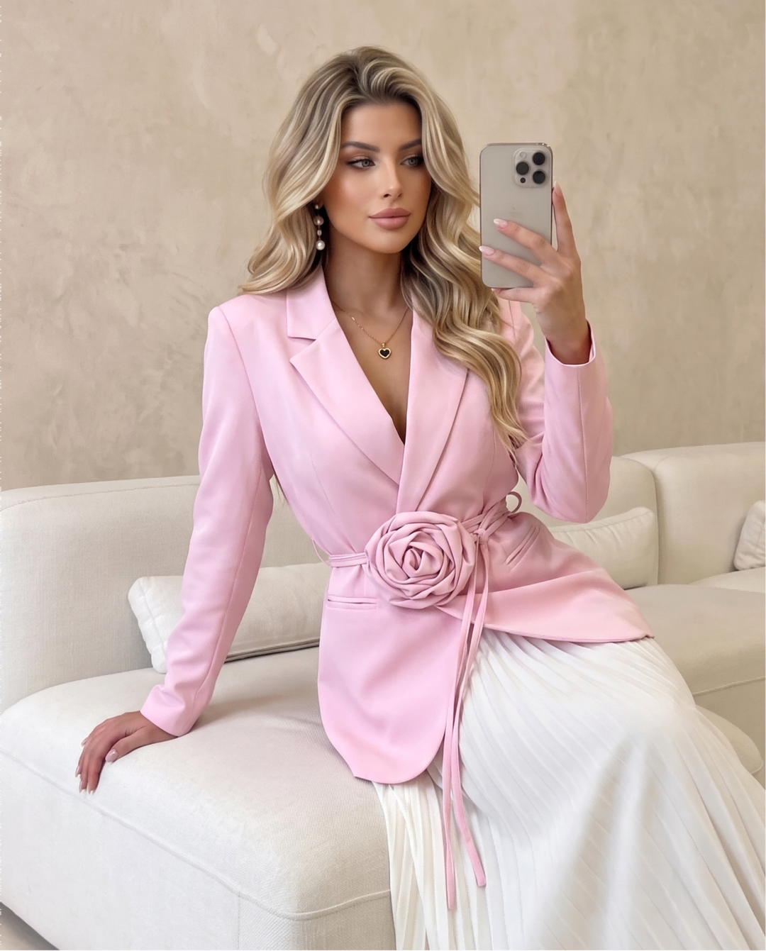 3D Rose Decor Tie‑Waist Long Sleeve Suit