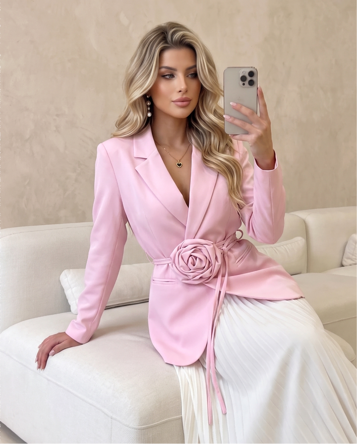 3D Rose Decor Tie‑Waist Long Sleeve Suit
