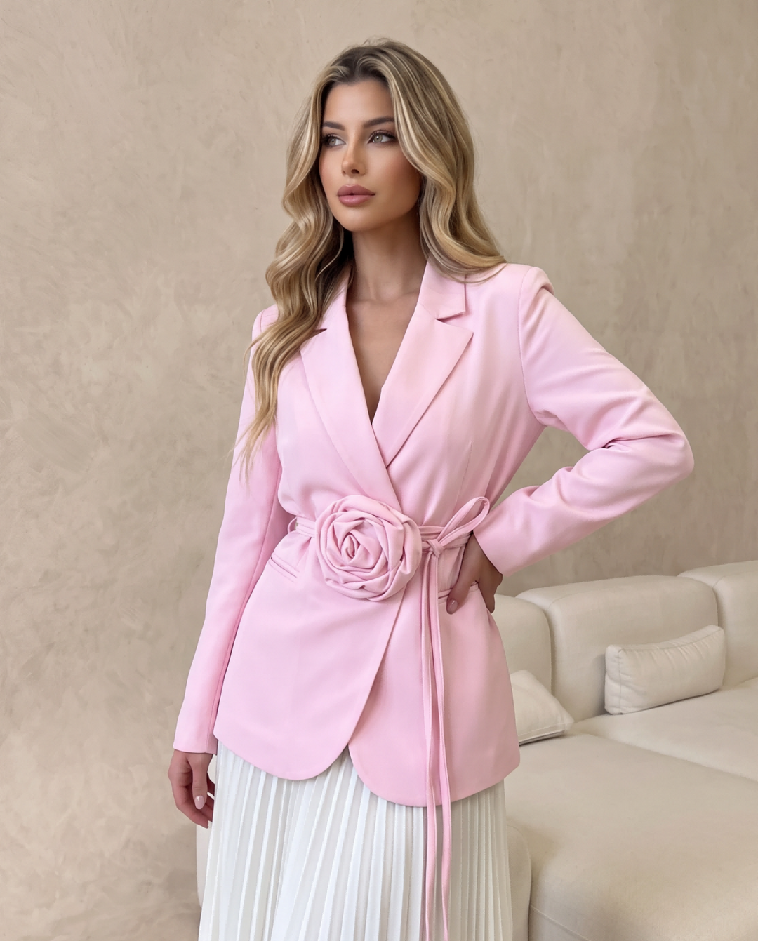 3D Rose Decor Tie‑Waist Long Sleeve Suit