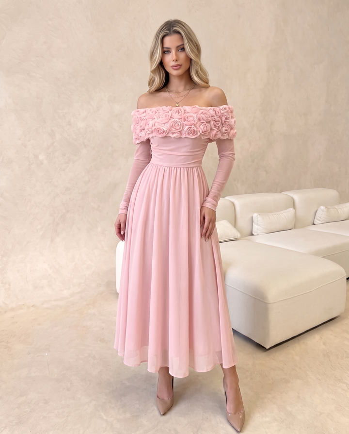 3D Rose Off‑Shoulder Long Sleeve Midi Dress