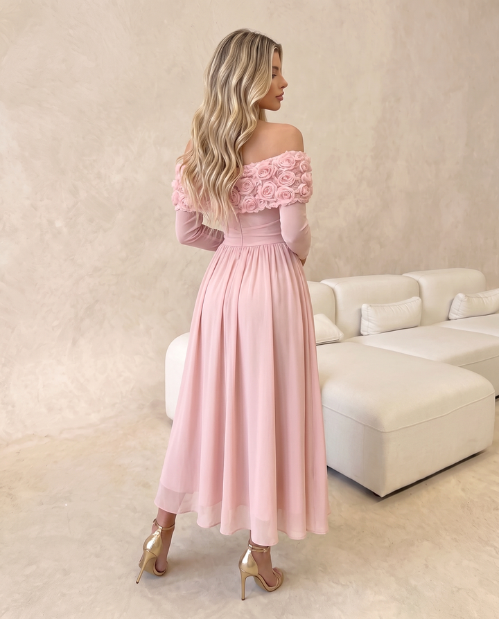 3D Rose Off‑Shoulder Long Sleeve Midi Dress