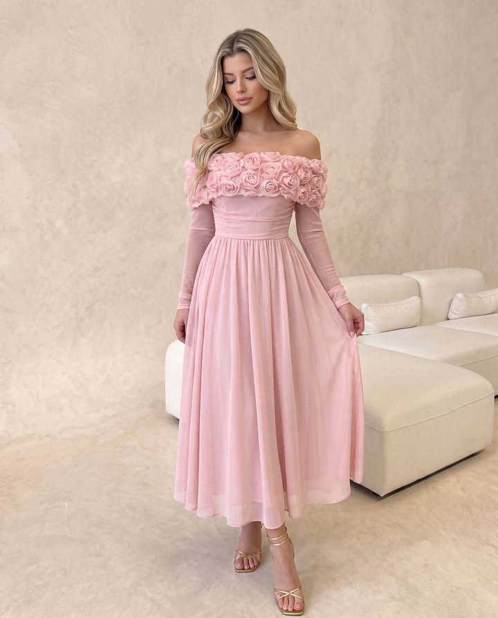3D Rose Off‑Shoulder Long Sleeve Midi Dress