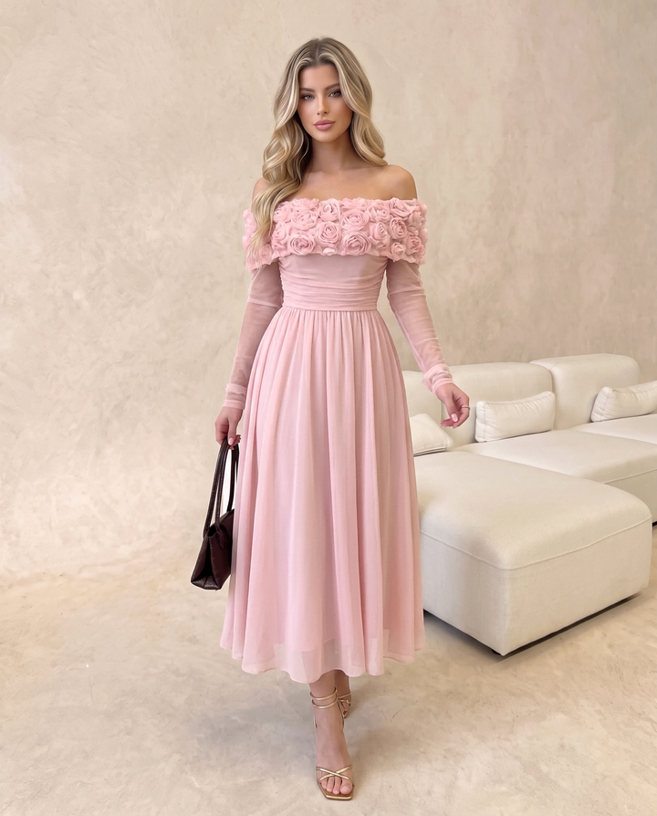 3D Rose Off‑Shoulder Long Sleeve Midi Dress