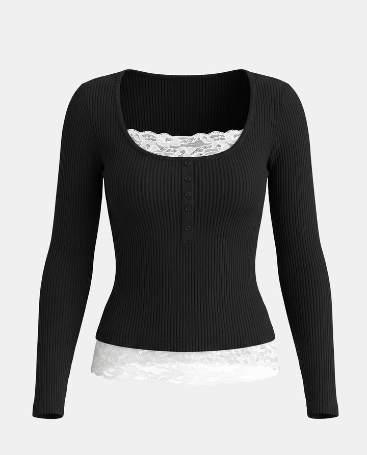SOLACEBasic Round Neck Lace Panel Long Sleeve Top